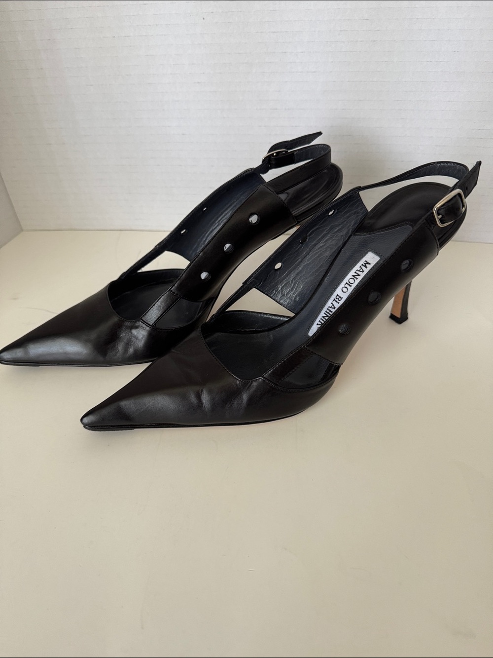 Manolo Blahnik Black Pointed Slingback Pumps with Cutout Sides - Picture 2 of 9